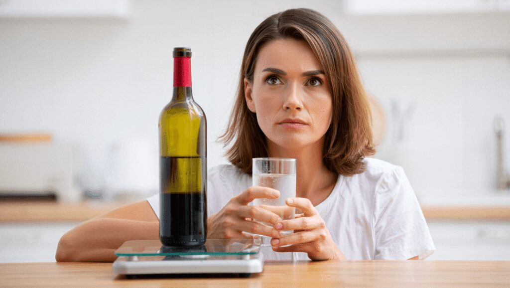 Man refusing to drink red wine indoors, closeup. Alcohol addiction