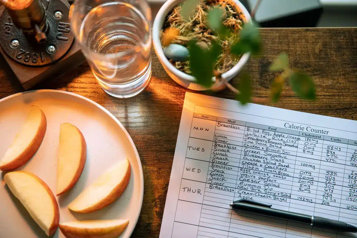 Homme consultant un plan nutritionnel avec des calculs de calories et des recommandations alimentaires.