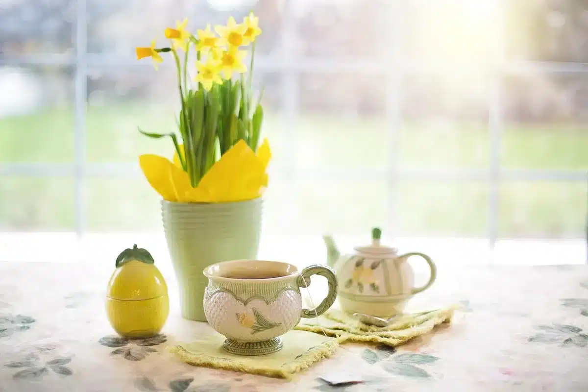 Mains d'une personne âgée tenant une tasse chaude près d'une fenêtre ensoleillée