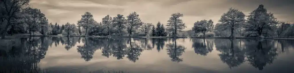 Silhouettes au bord d'un lac avec une bouée et zone de baignade surveillée au crépuscule