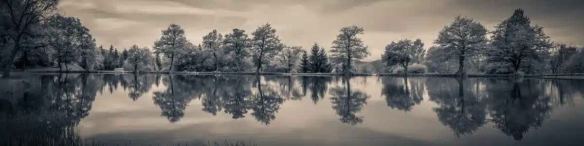 Silhouettes au bord d'un lac avec une bouée et zone de baignade surveillée au crépuscule