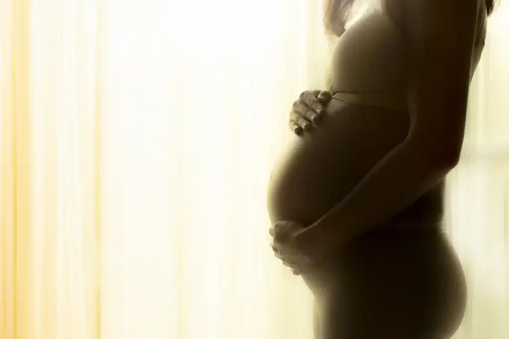 Femme enceinte tenant un dossier de suivi médical en consultation prénatale
